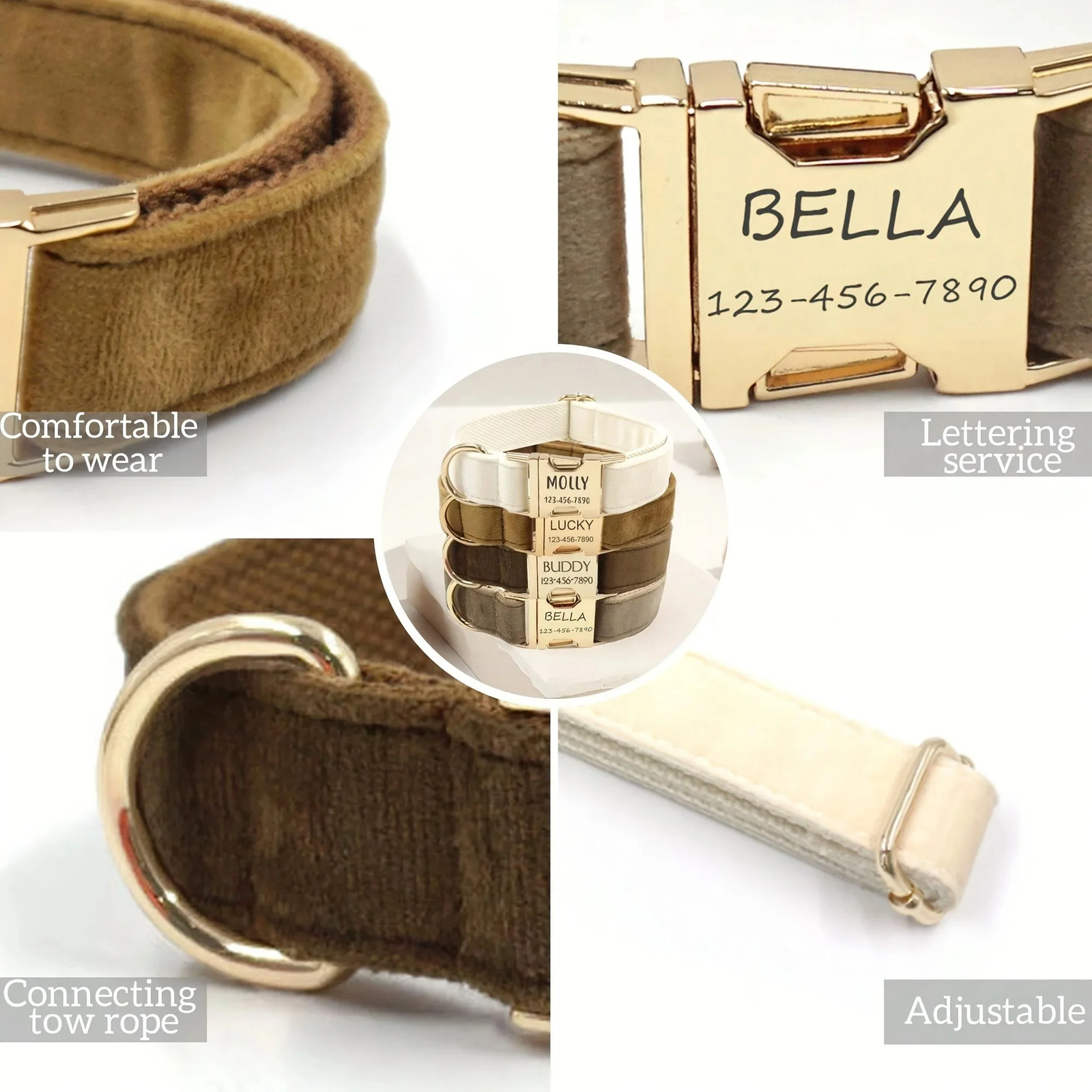 Personalized Velvet Dog Collar with Custom Engraved ID Tag – Adjustable Large