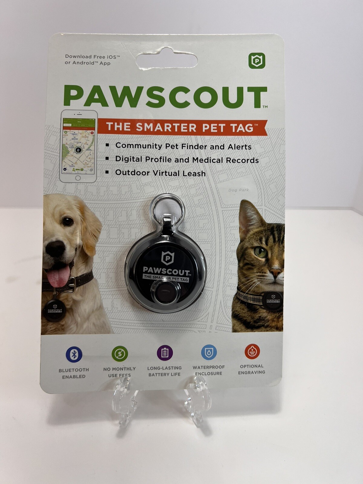 Pawscout The Smarter Pet Tag Community Pet Finder & Alerts Bluetooth Black NEW