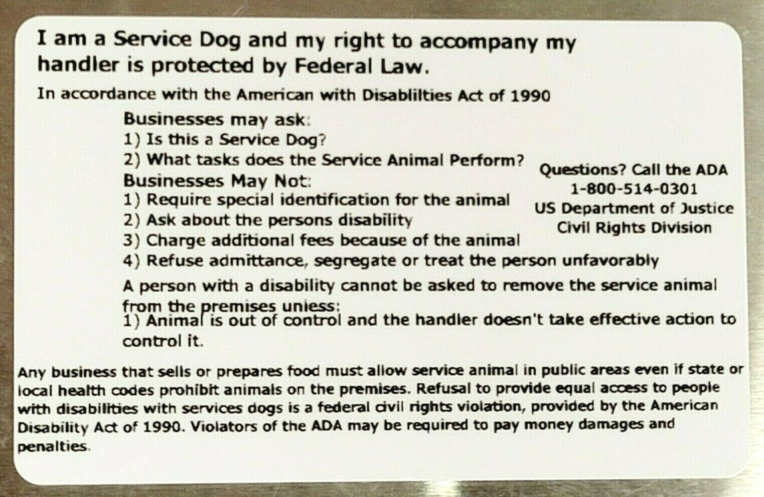 SERVICE DOG ADA LAW INFO RIGHTS CARD HARD PLASTIC ID ACCESS TRAVEL EMOTIONAL