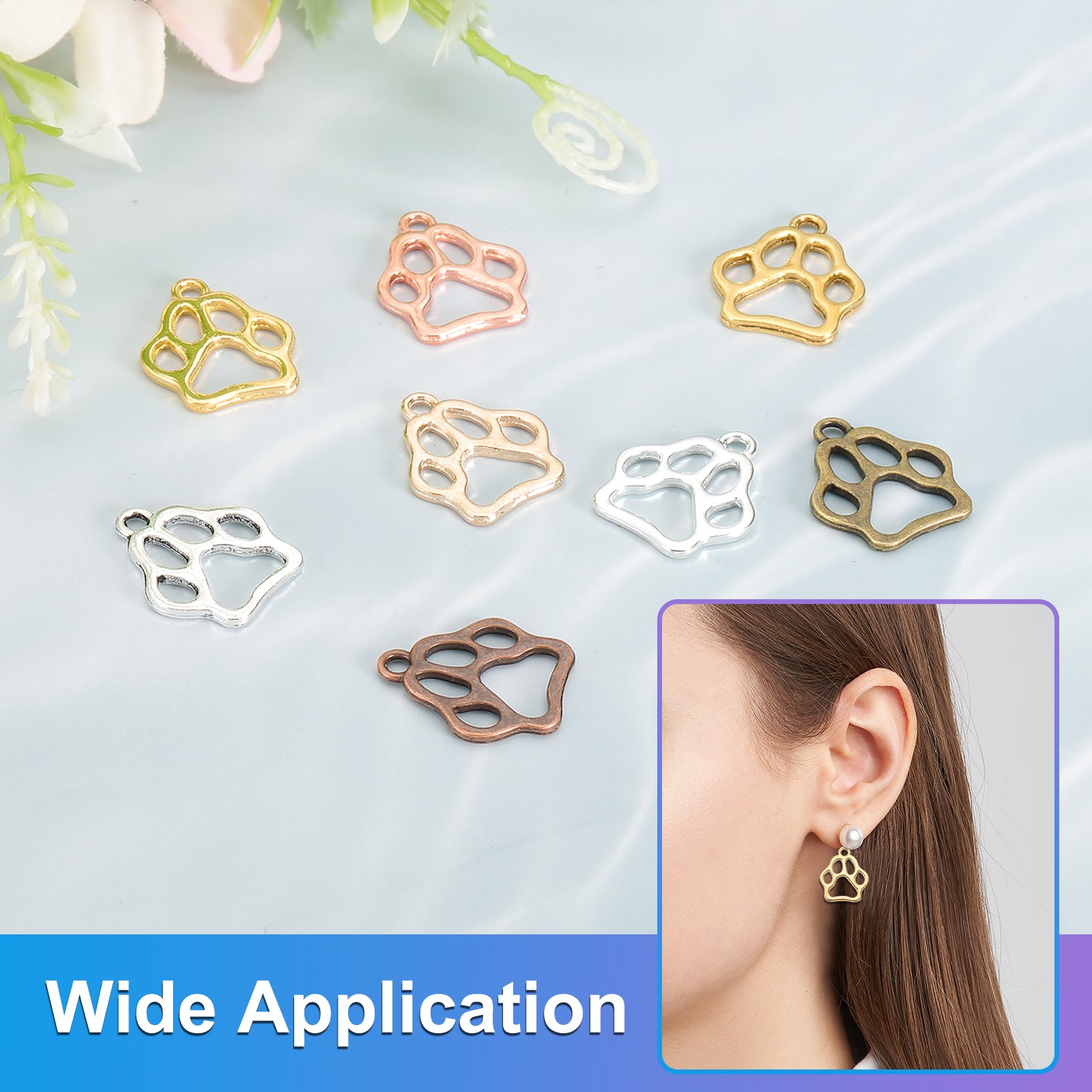 Hollow Paw Print Charm, 100Pcs Alloy Footprint Pendants, Light Gold