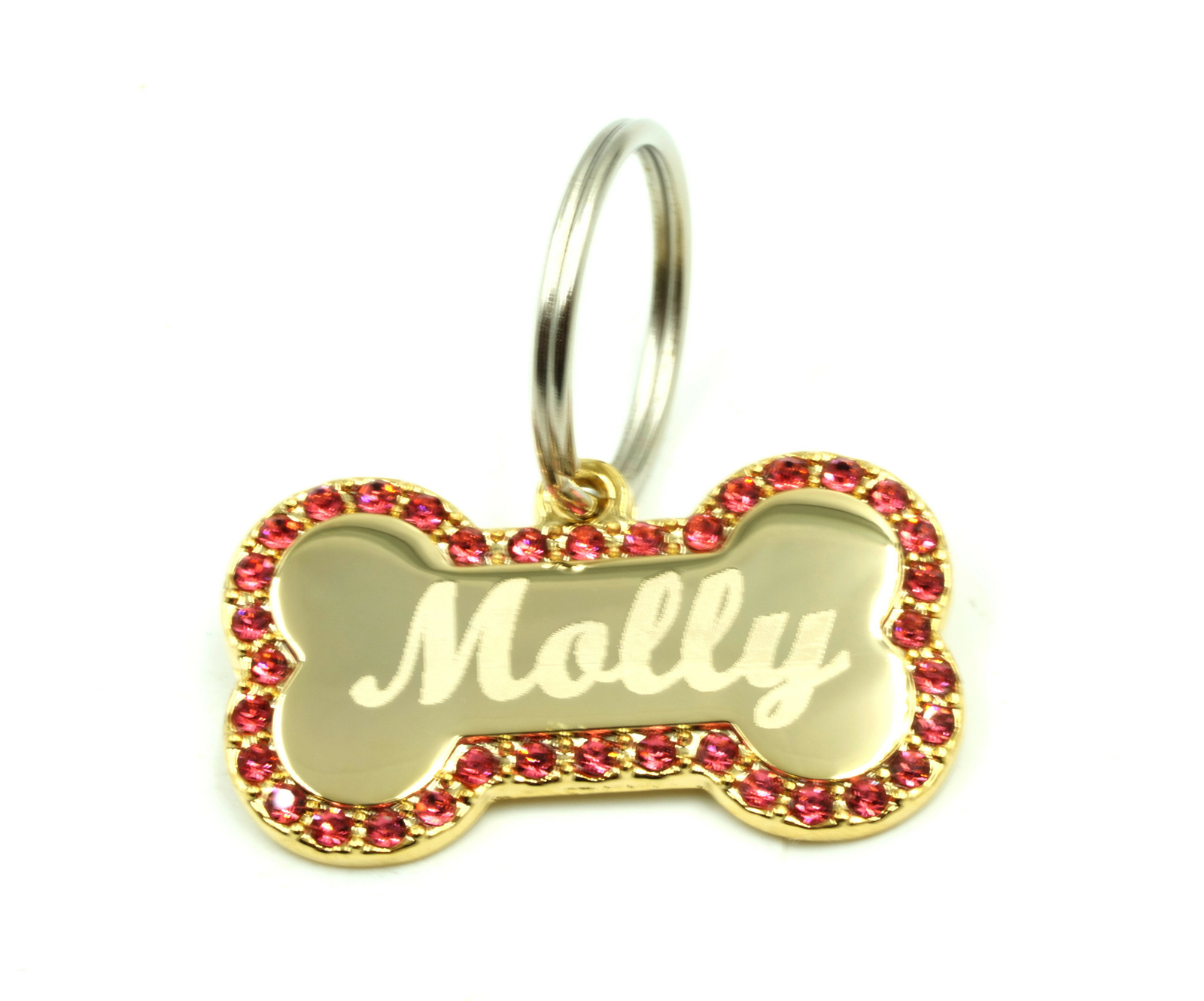 Custom Engraved Personalized Gold Plated Bone w/ Pink CZ Stones Dog Pet ID Tag