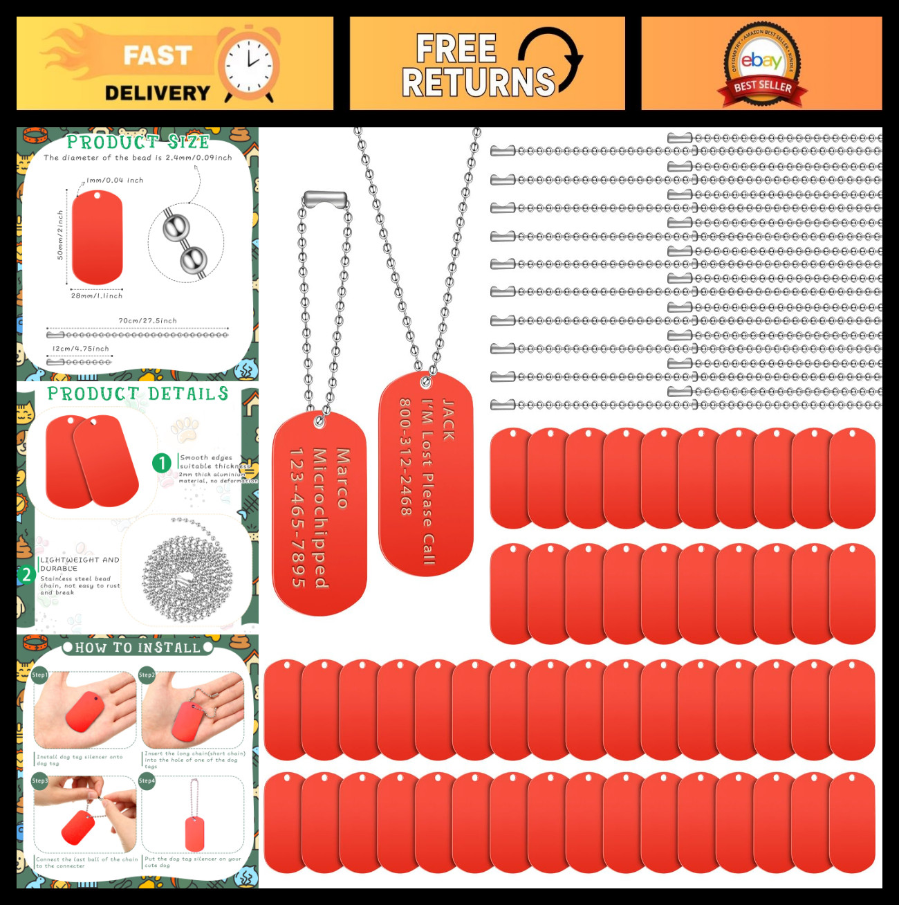 200 Pcs Military Dog Tags Set – 100 Blank Aluminum Tags + 100 Steel Chains for D