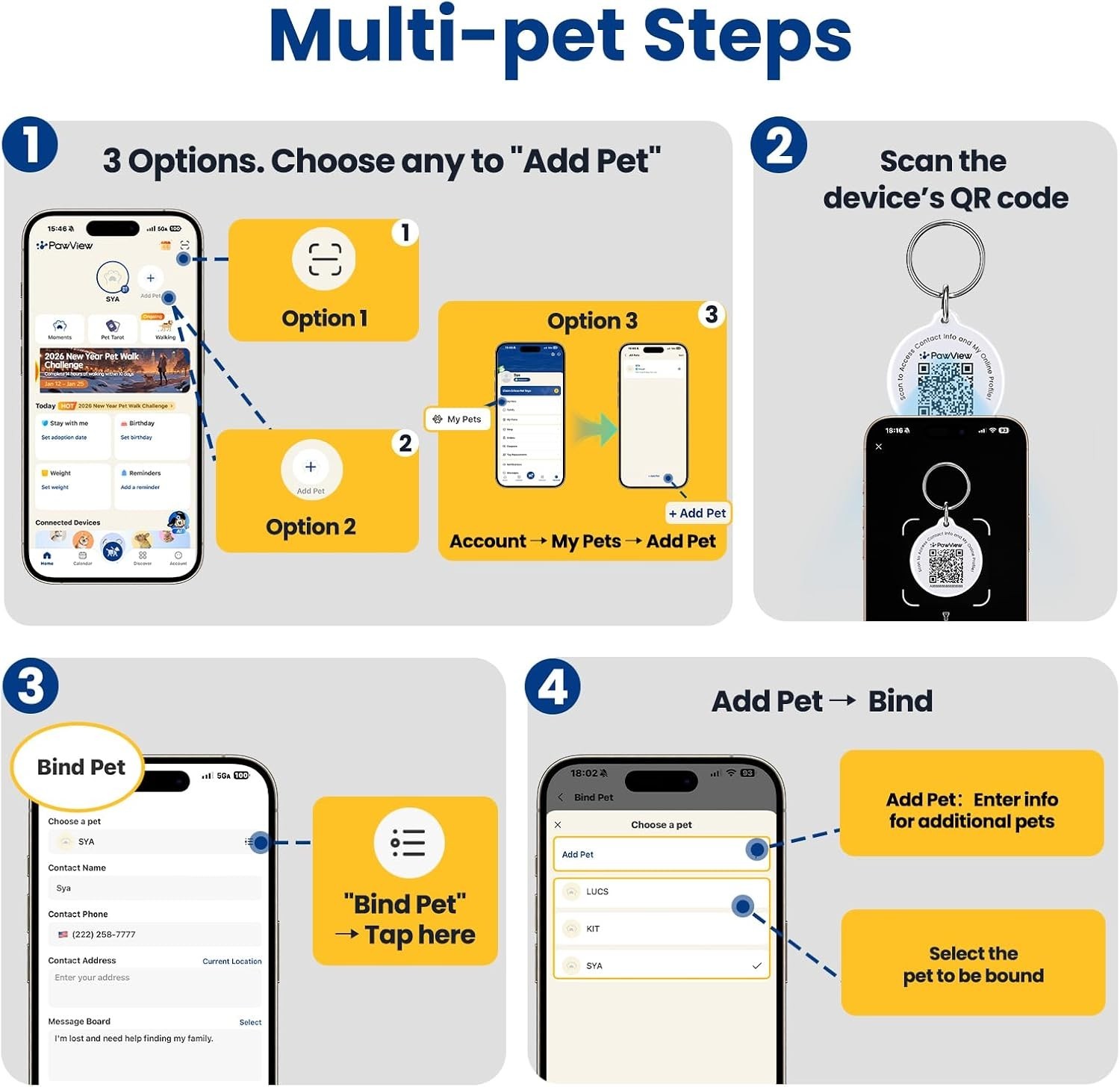 Smart Pet ID Tag, QR Code Dog Tag, No Subscription Fee, Waterproof Silent Sil…