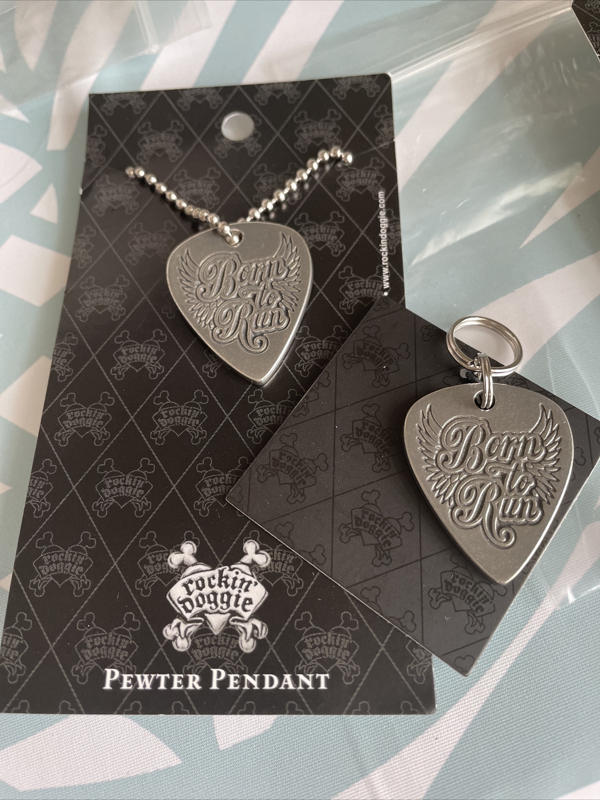 Rockin Doggie Born To Run Guitar Pick Pewter Dog Tag Pet ID & Matching Necklace