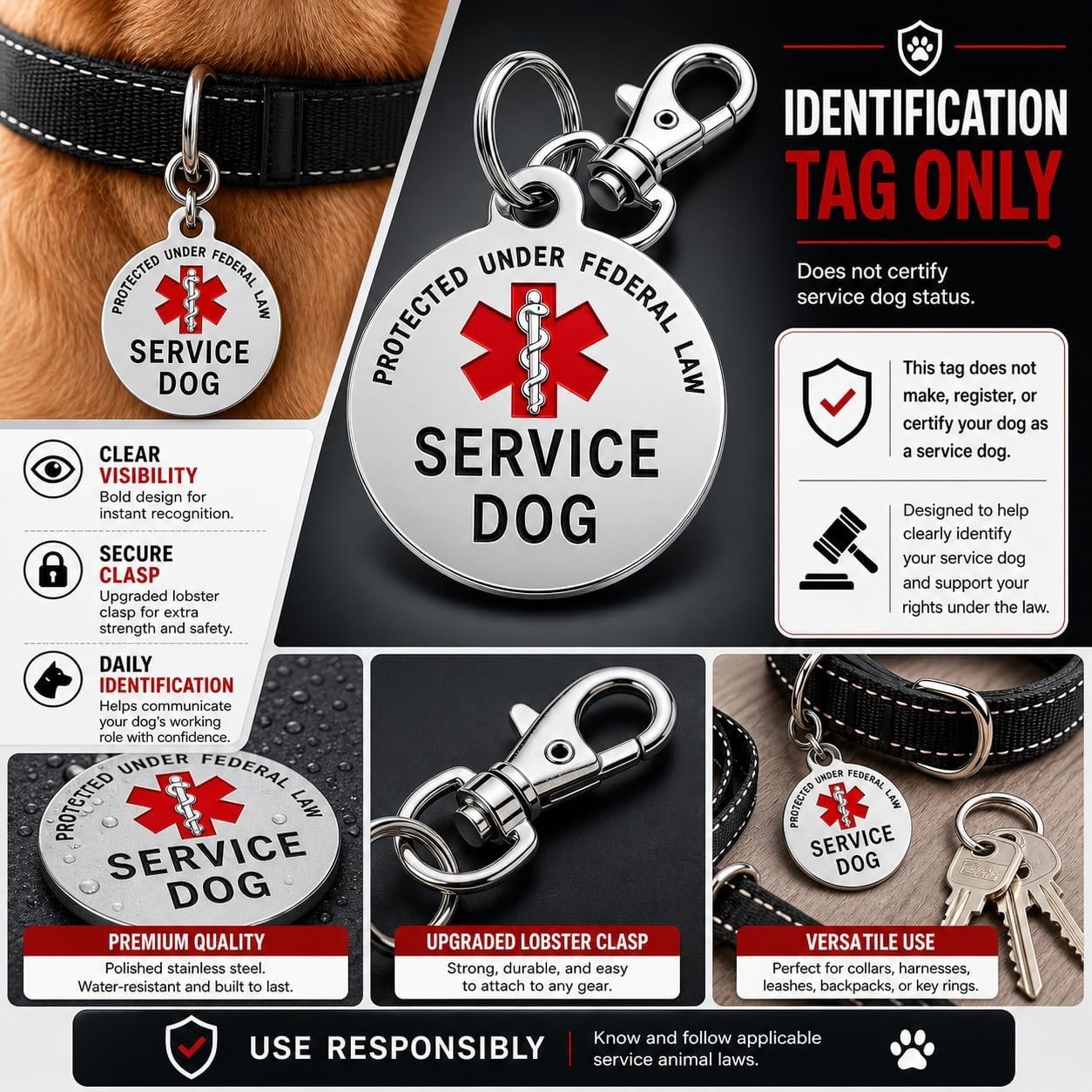 1.25 Inch Service Dog Tag – Vibrant Red with Protection from Federal Law
