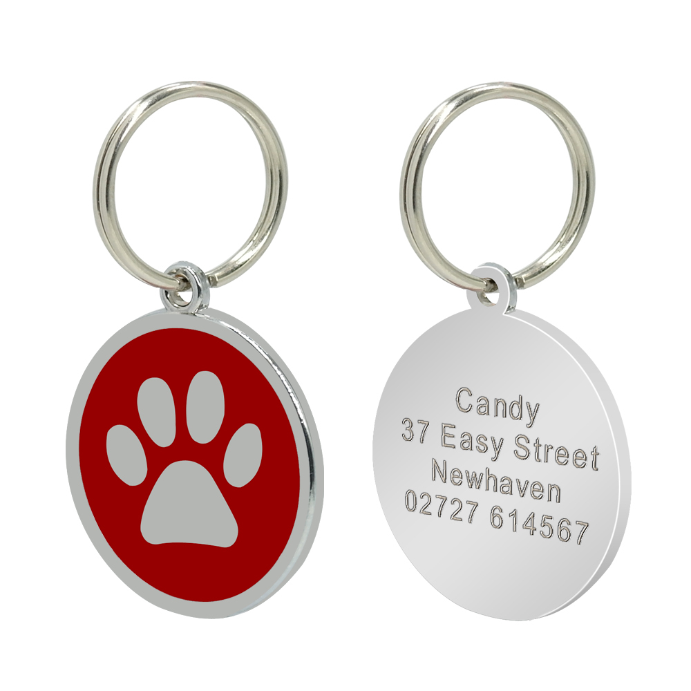 Round Personalized Pet Dog ID Tags Paw Print Disc Single Side Engraved Free Tag