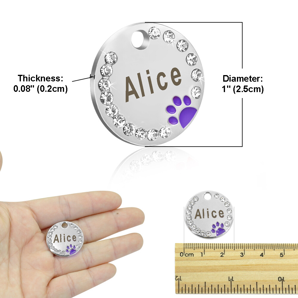 Bling Glitter Paw Round Personalized Dog ID Tags Disc Engraved Puppy Pet Dog Tag