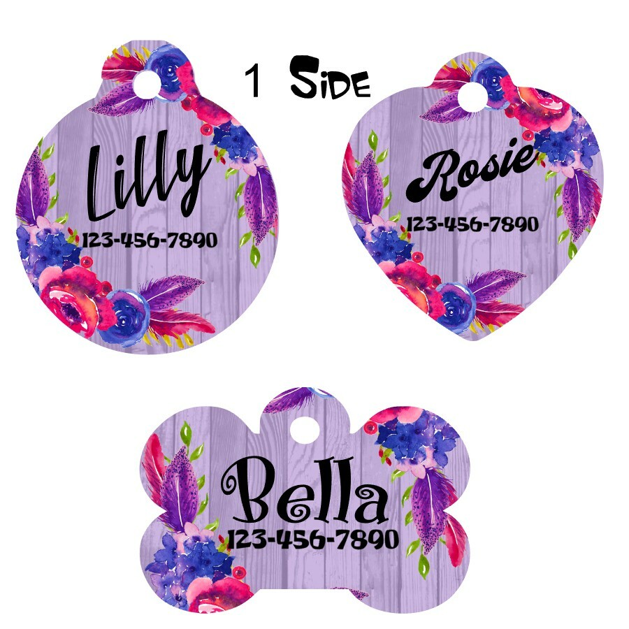 Pet ID Tag Floral Personalized Custom Double Sided Pet Tag w/name & number