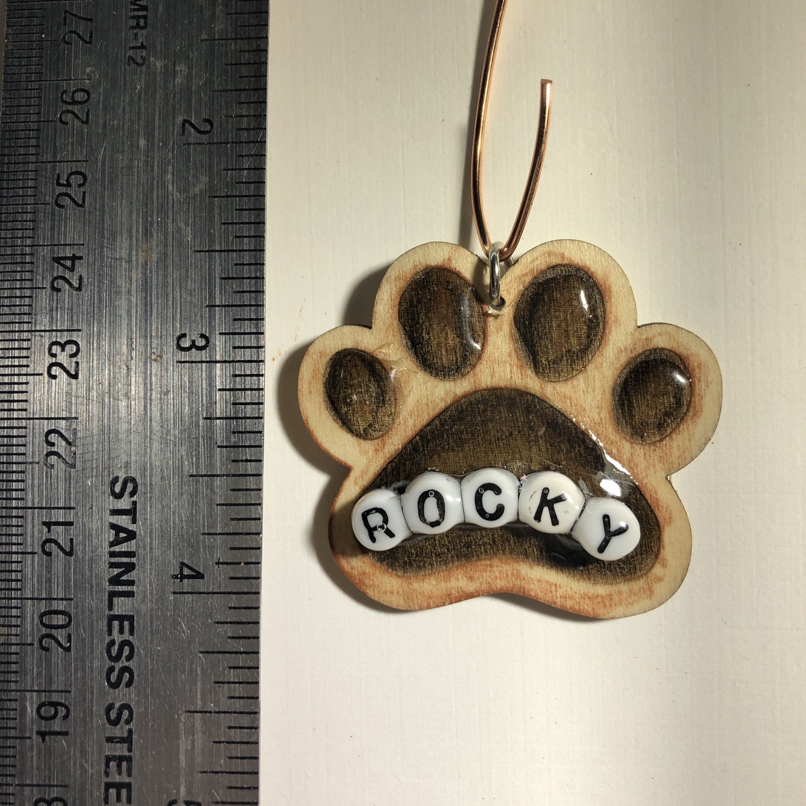 Pet Paw Tag For Dog Collar Made Of Wood Name On Front And Other Info On Back Eng