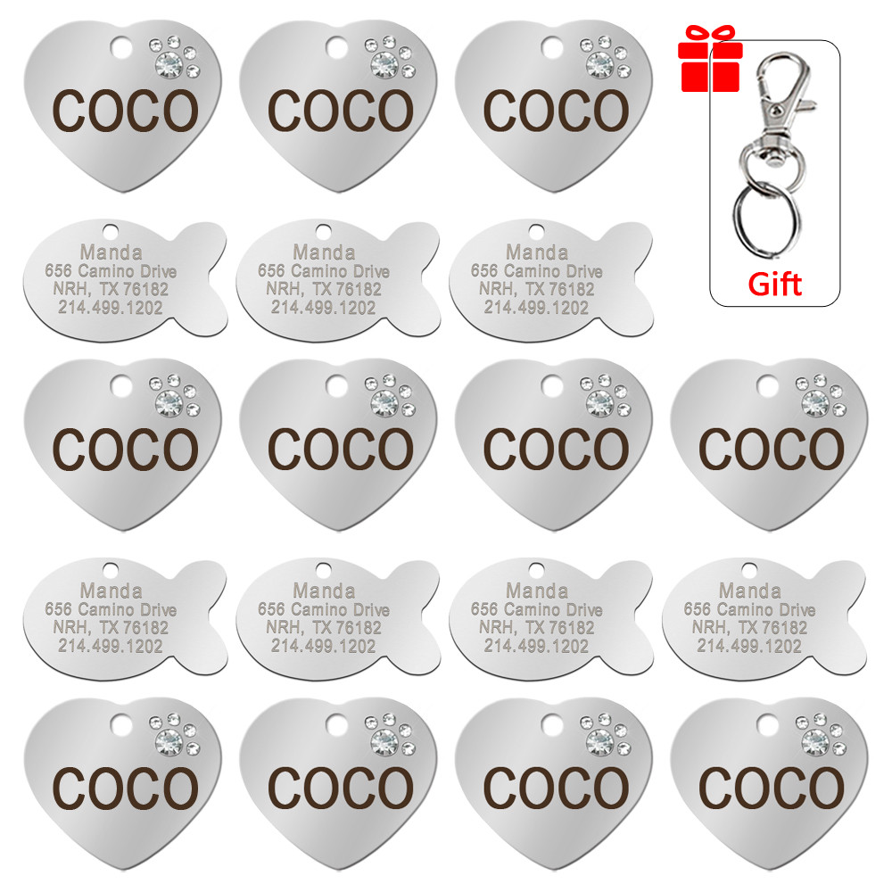 20/50pcs Heart/Fish Shape Cat Dog Tags Personalized Engraved Puppy ID Name Tag
