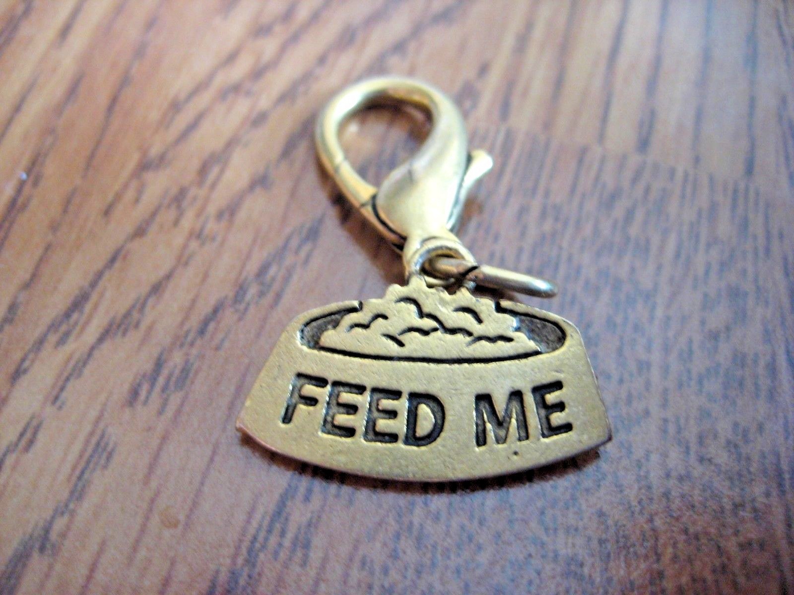 Gold Feed Me Food Bowl Shaped Dog Tag Charm Zipper Pull NEW
