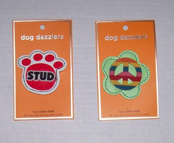 Dog Dazzlers collar slides 2.25″ Peace Sign or Paw Print “Stud” New on card