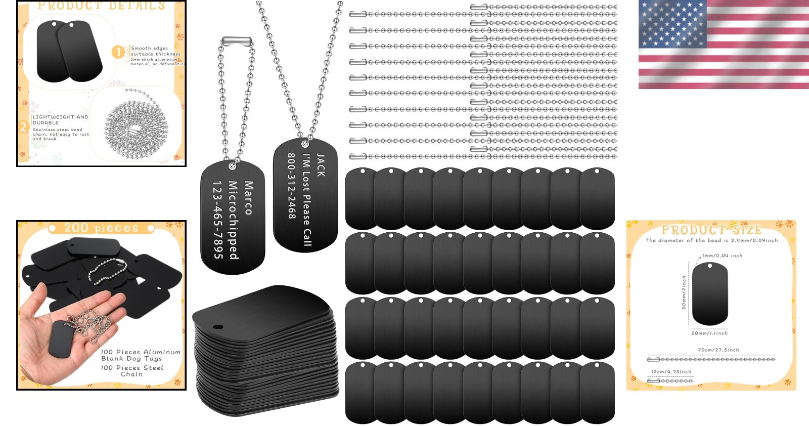 200 Pcs Personalized Military Dog Tags Set – 100 Durable Aluminum Tags & Chains