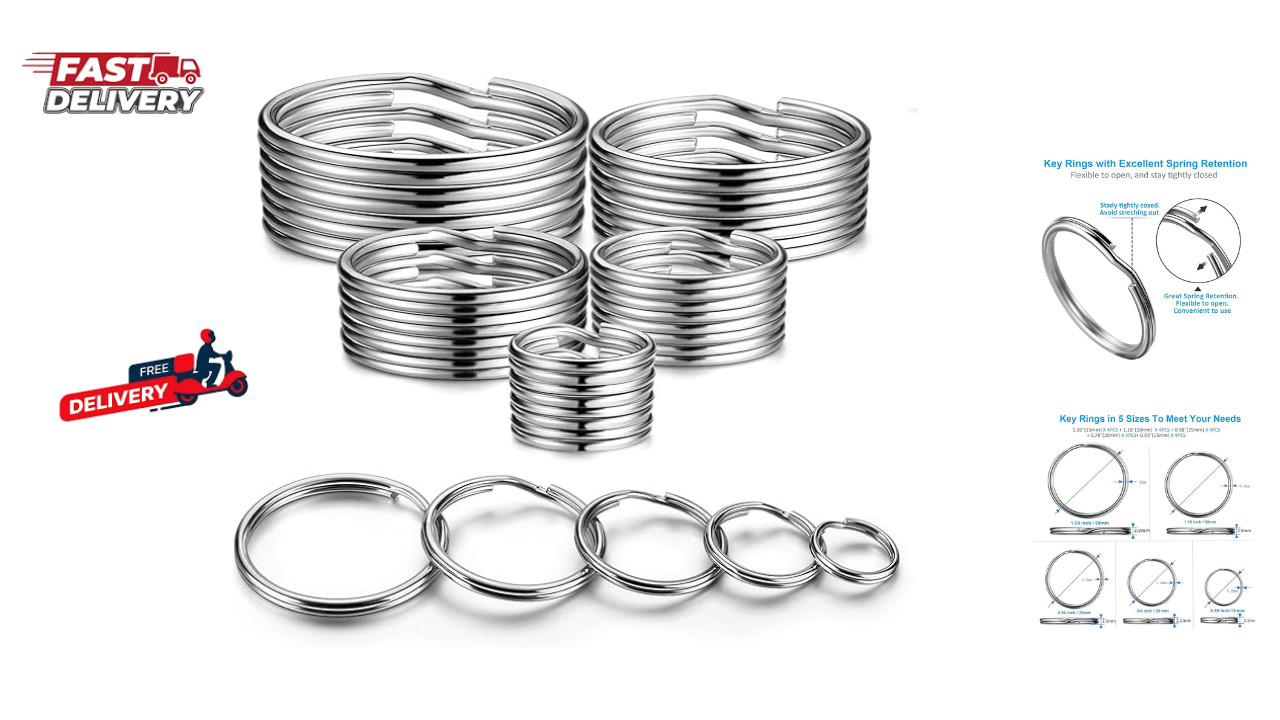 20PCS Split Key Rings Circle Assorted 5 Sizes Metal Keychain Rings DIY Craft Tag