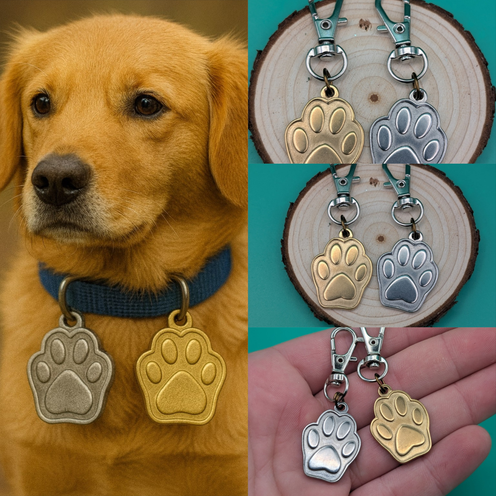 Gold Dog Paw Charm for Collar or Keychain, Custom Dog Tag with Acrylic