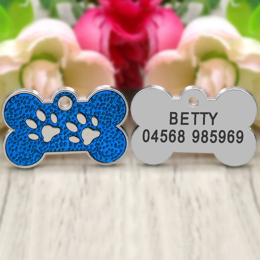 Personalized Dog Tags Engraved Cat Puppy Pet ID Name Collar Tag Bone/Paw Glitter