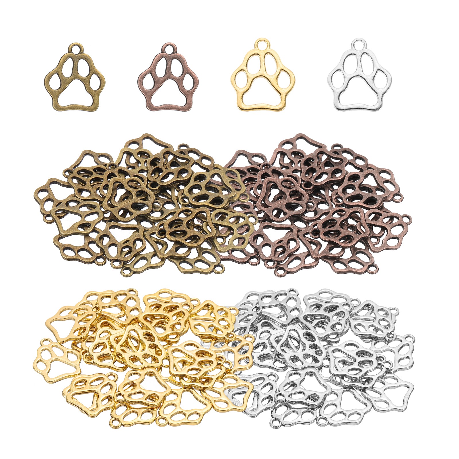 Hollow Paw Print Charm, 100Pcs, Silver Tone/Gold Tone/Bronze Tone/Copper Tone