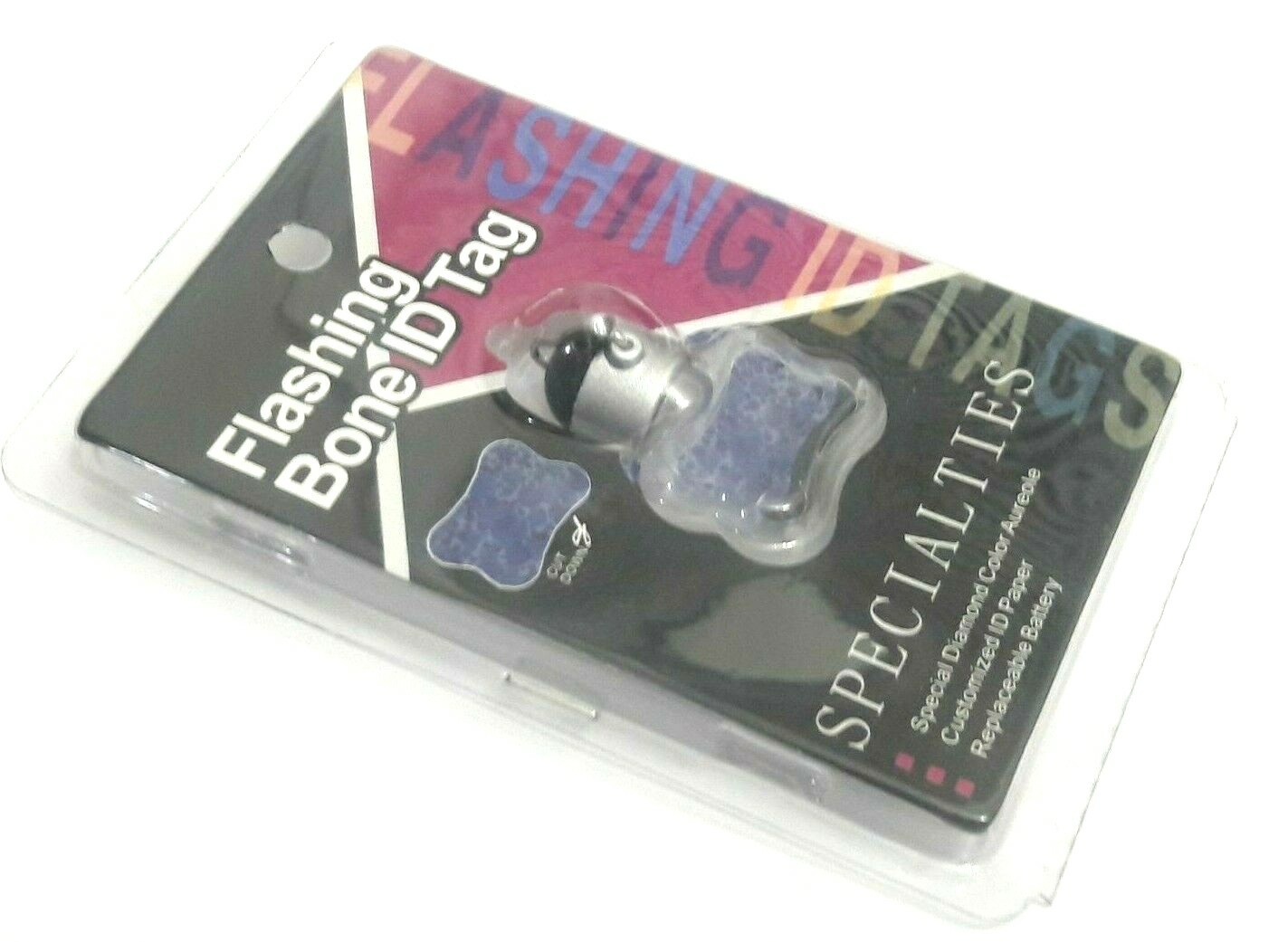 1 EACH NEW SPECIALTIES FLASHING BONE PET ID SAFETY TAG DOG LIGHT