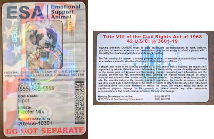 HOLOGRAPHIC EMOTIONAL SUPPORT ANIMAL ID ESA PHYSICAL & DIGITAL