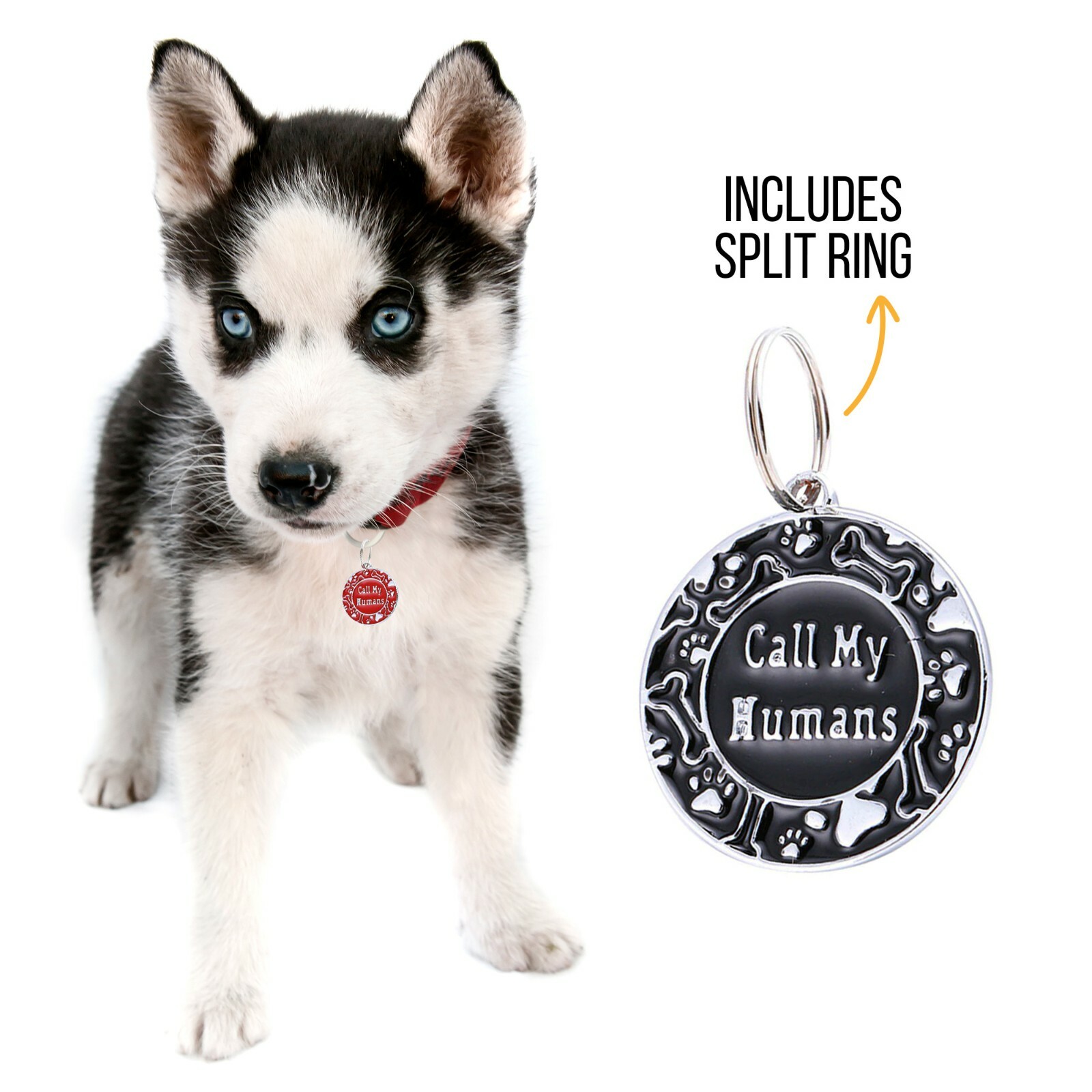 Personalized Call My Humans Dog tag Engraved Cute paw for Puppies with Ring