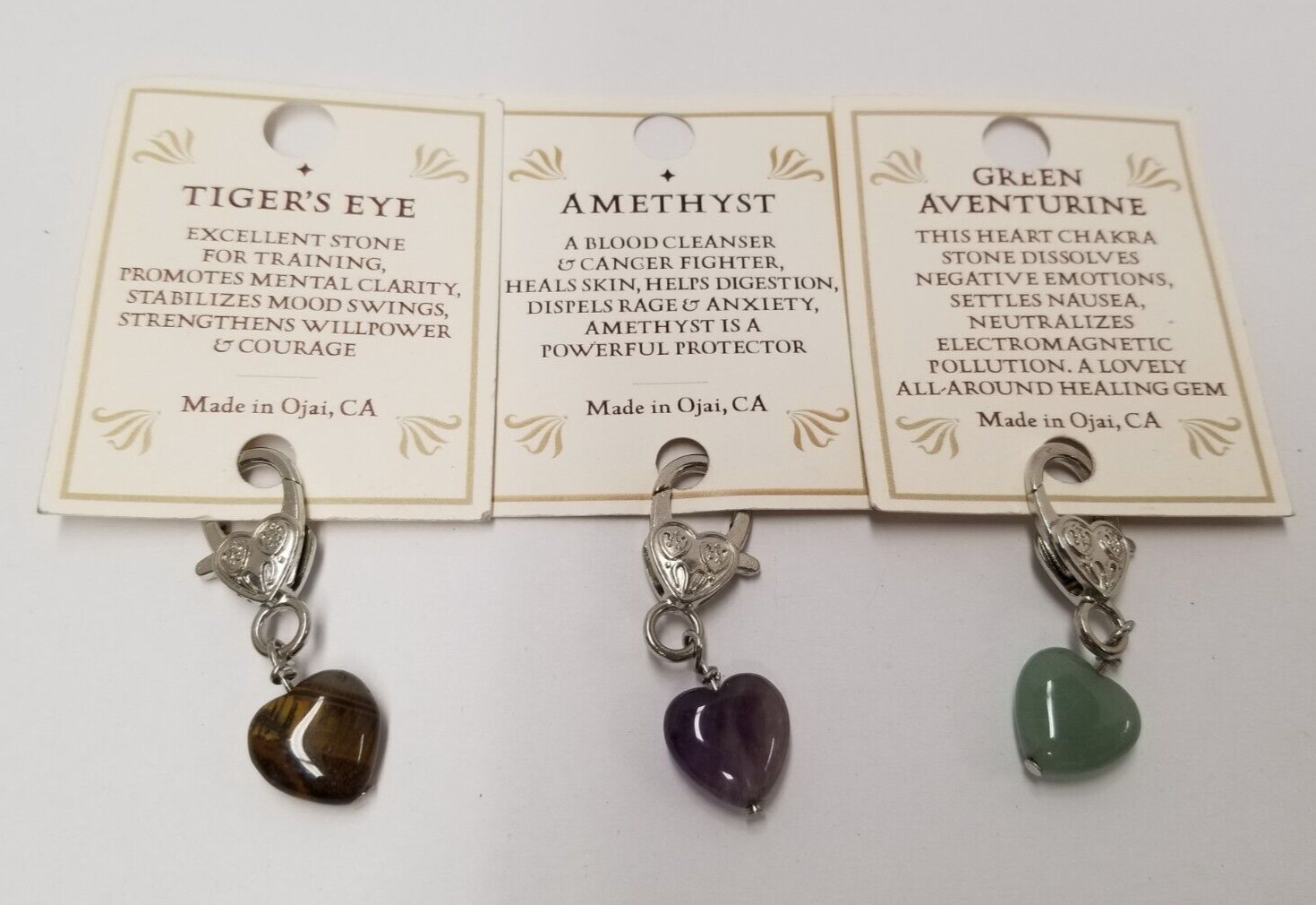 Tiger’s Eye, Amethyst, & Green Aventurine Crystal Heart Pet Collar Charms (3)