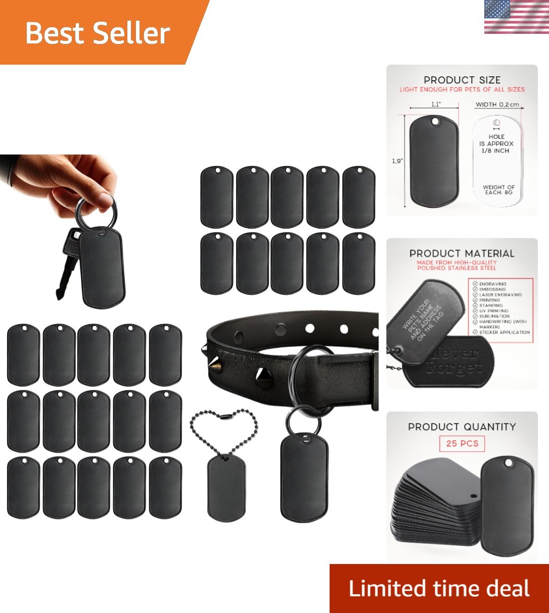 25 PCS Stainless Steel Dog Tags – Black Engravable Dog Tags Military Blanks f…