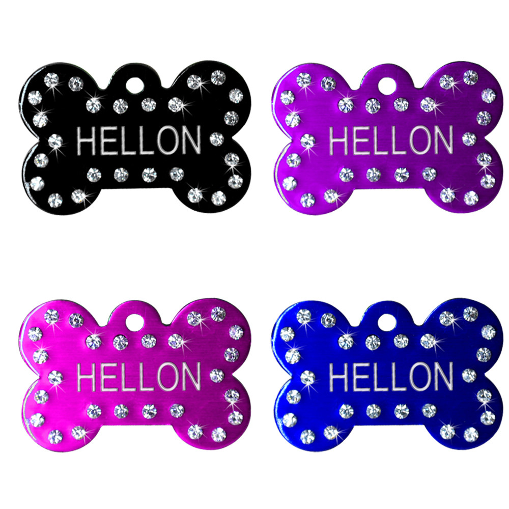 Glitter Crystal Bone Paw Shape Custom Dog Tags Pet Dog ID Name Phone Engrave