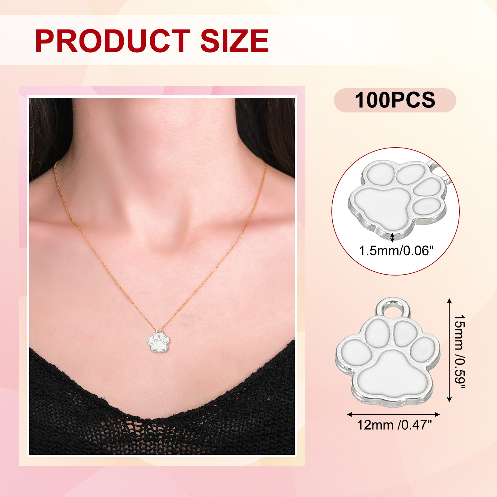 Enamel Paw Print Charm, 100Pcs Alloy Enamel Pendants , White/silver