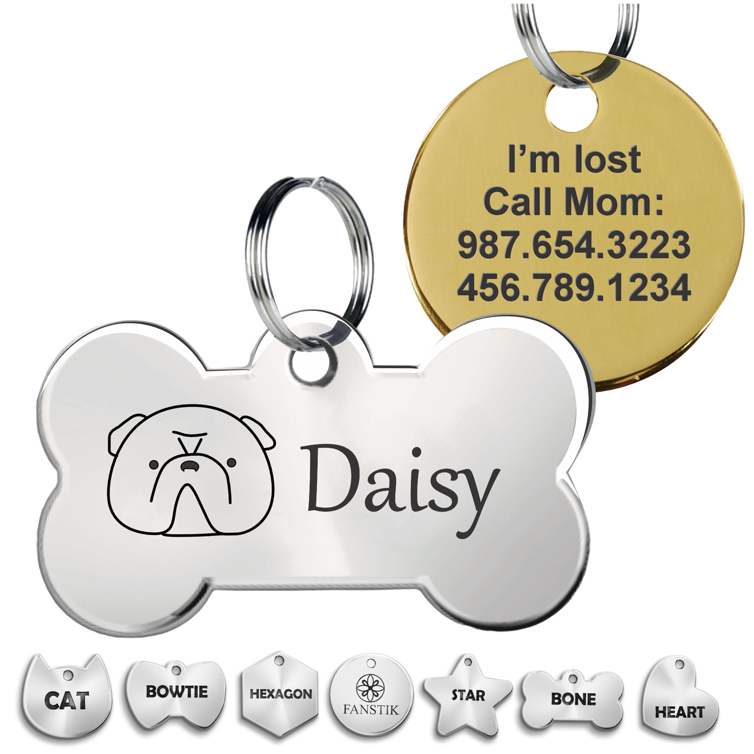 Pet ID Tag, Customized Dog Tags, Cat Tags, Engraved. FANSTIK (Face) MADE IN USA
