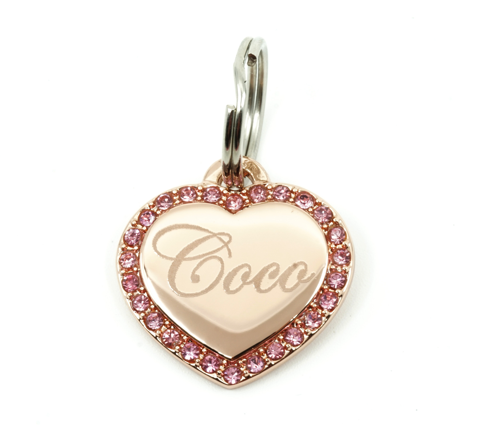 Custom Engraved Gold-Plated Small Heart w/Pink Stones Dog Tag Pet ID Name
