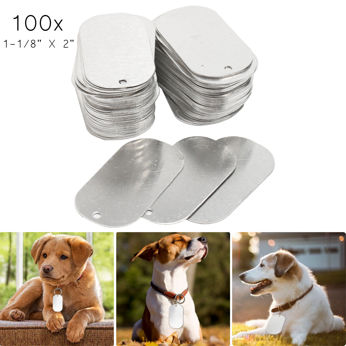 100Pcs Gloss Silver Aluminum 1-1/8″x2″ Dog Tag Blank Personalised ID Pet Name