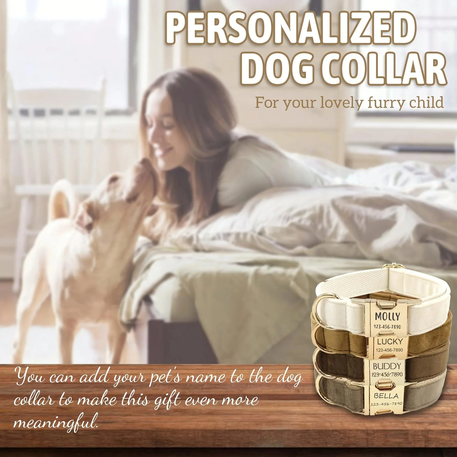 Personalized Velvet Dog Collar with Custom Engraved ID Tag – Adjustable Large