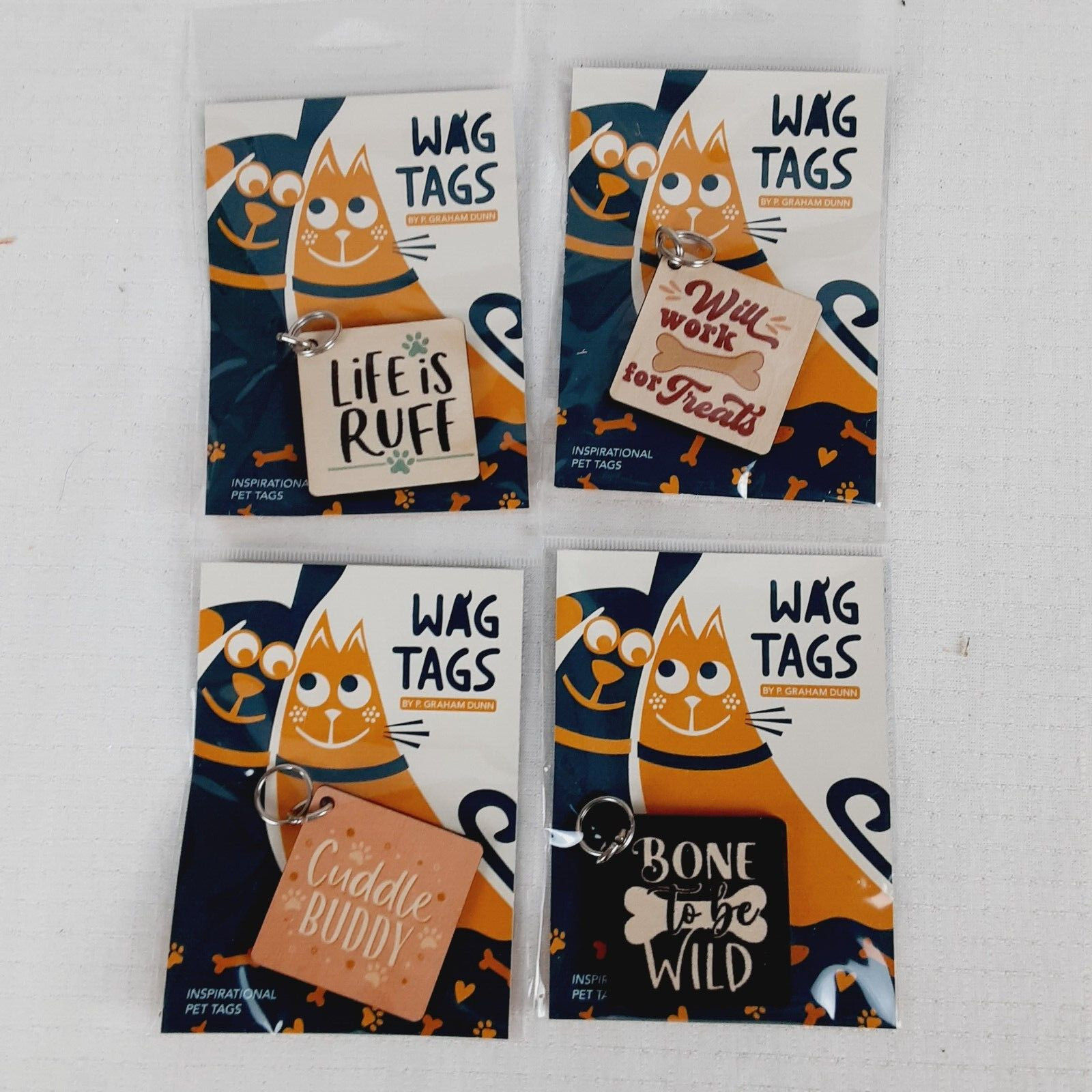 P Graham Dunn WAG TAGS Pet Collar Charms Wooden Square 1.5″ Assorted Lot of 4