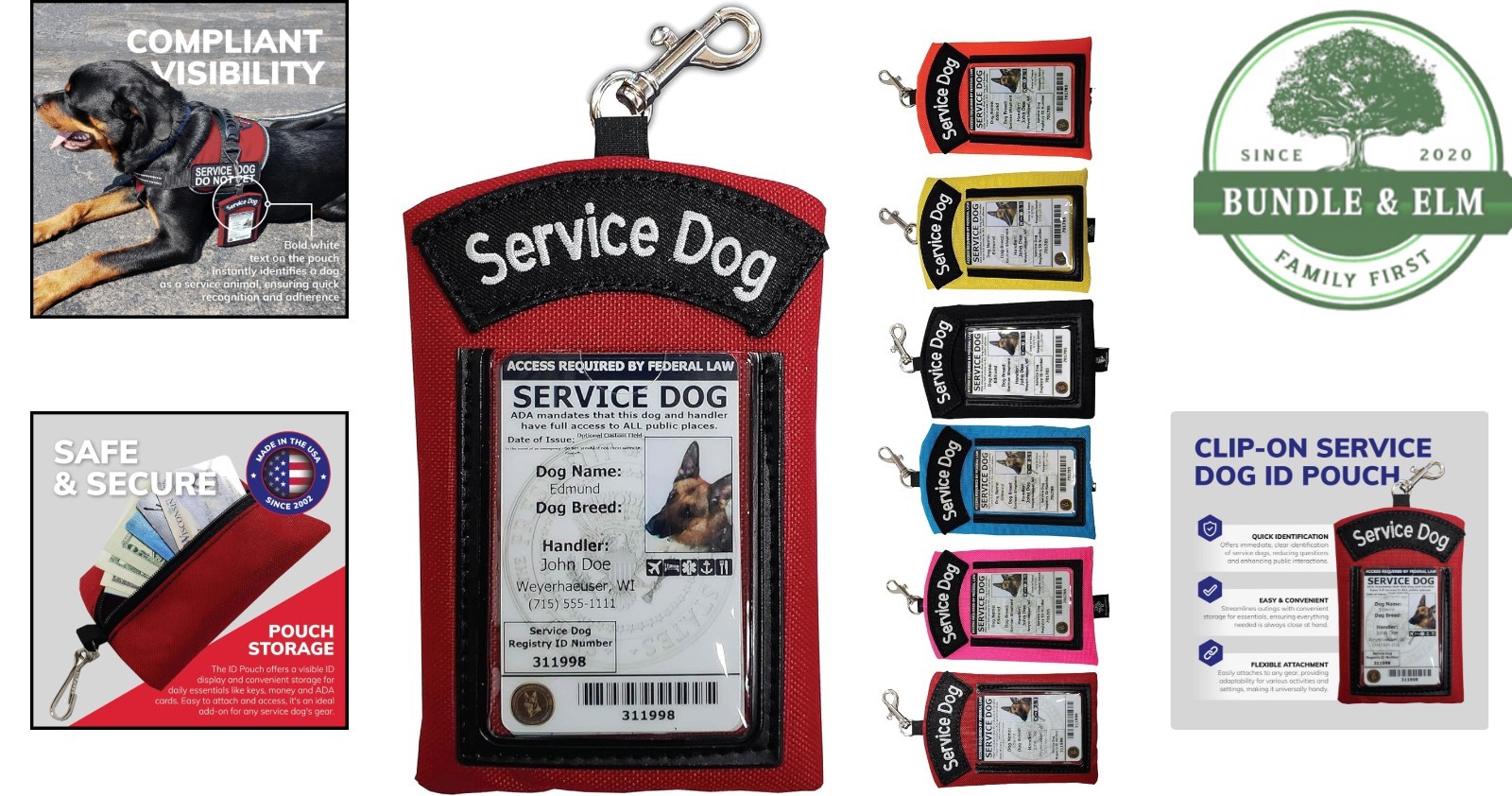 Service Dog ID Card Pouch with Zippered Pocket and Clip-On Design in Red