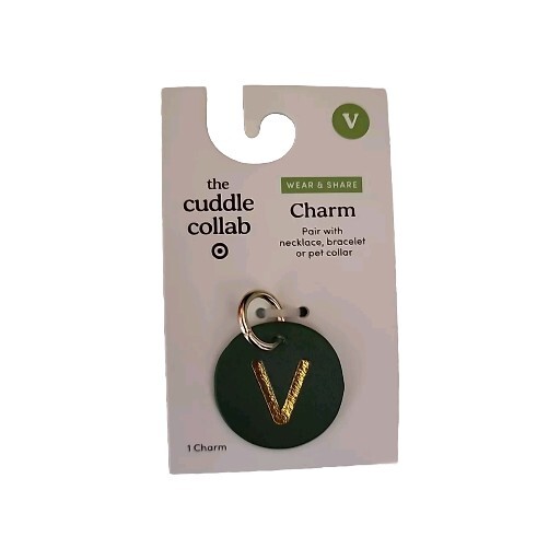 The Cuddle Collab Round Pet Charm Gold Lettering “V” On Dark Green Faux Leather