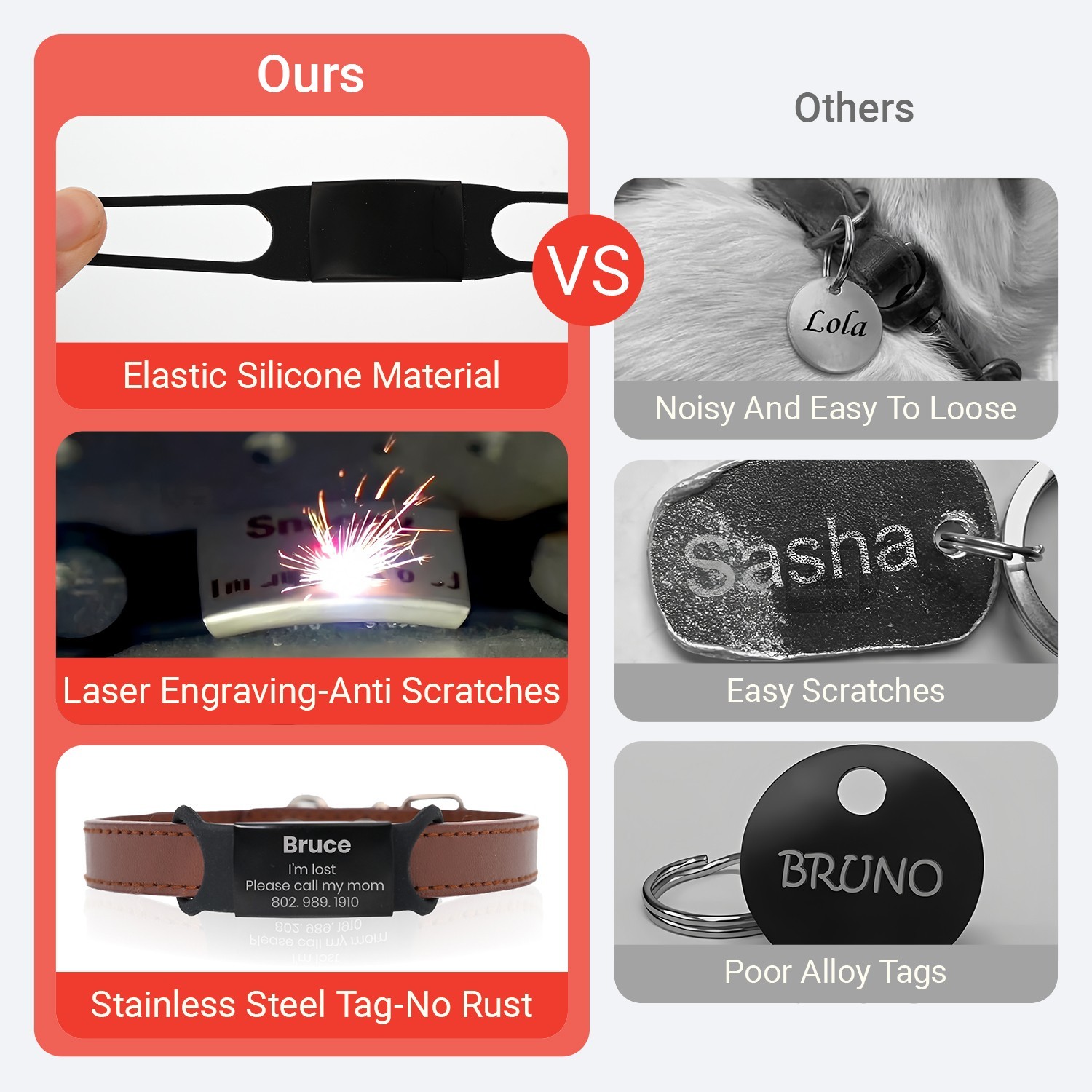Personalized Slide-On Collar Pet ID Tag, Dog Cat Tag with Name + Contact Info