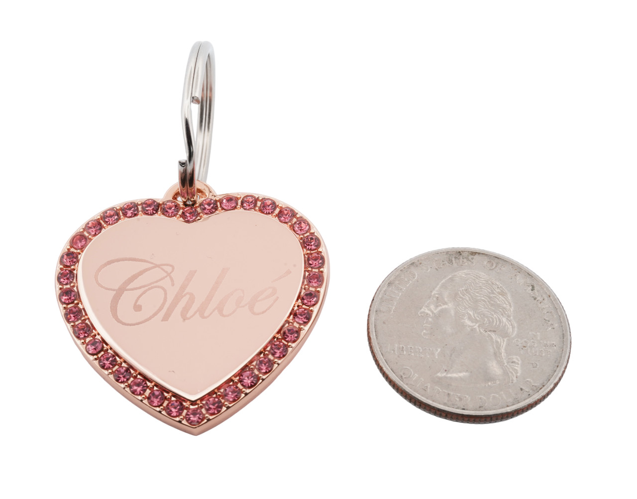 Custom Engraved Personalized Rose Gold Plated Heart w/Pink Stones Dog Pet ID Tag