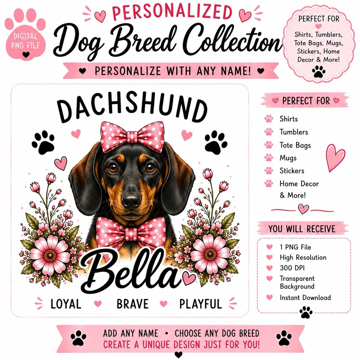 Personalized DACHSHUND PNG | Custom Dog Name Design