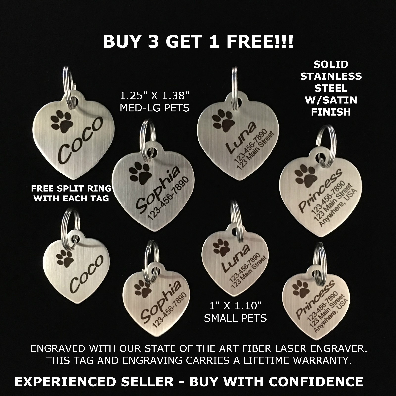 Custom Engraved STAINLESS STEEL Heart Pet Tag PAW Dog Cat ID IDENTIFICATION