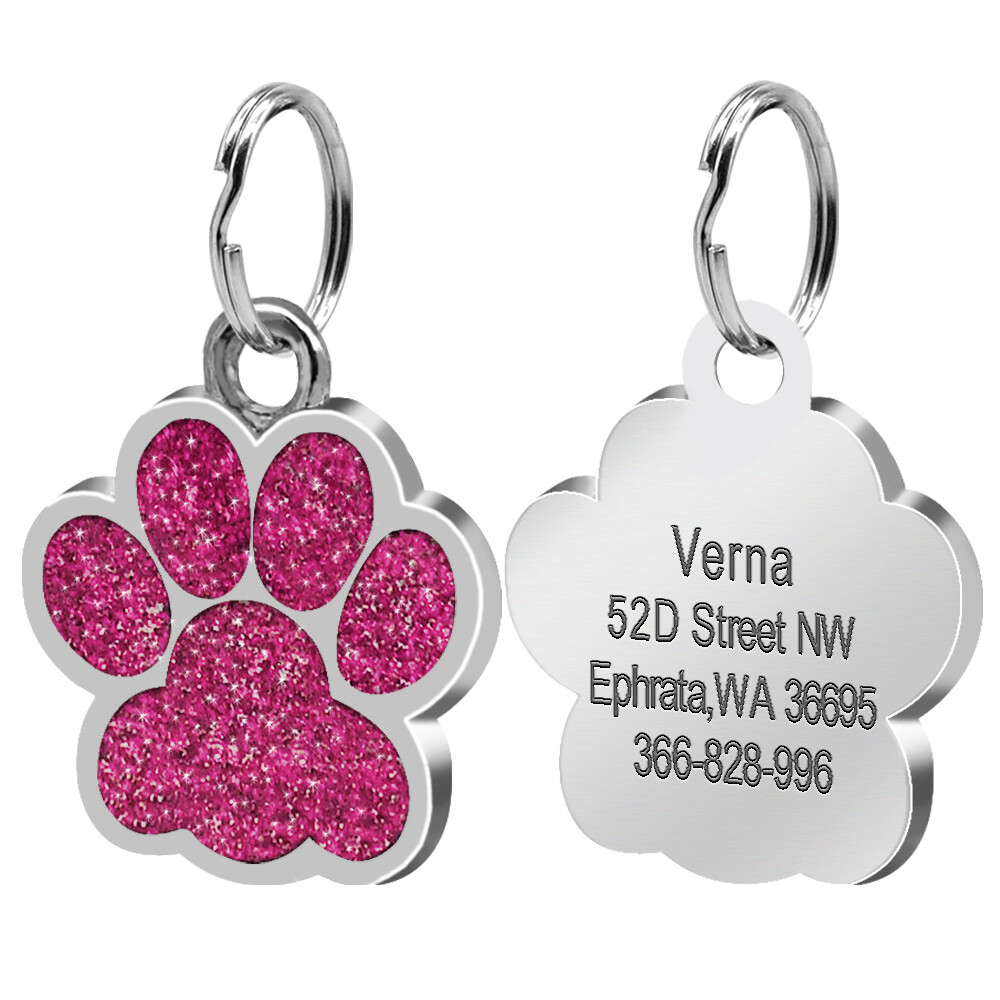 Dog Cat Pet Tag ID Collar Tags Personalized Engraved 24mm Glitter Paw Print Tag
