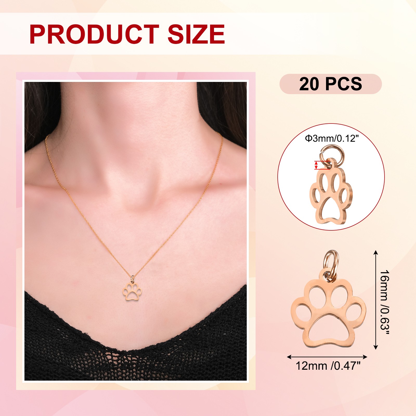 Dog Paw Print Charms 3mm, 20 Pcs Cat Dog Paw Pendant, Rose Gold