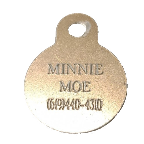 Vintage dog tag named Minnie Moe silver colored