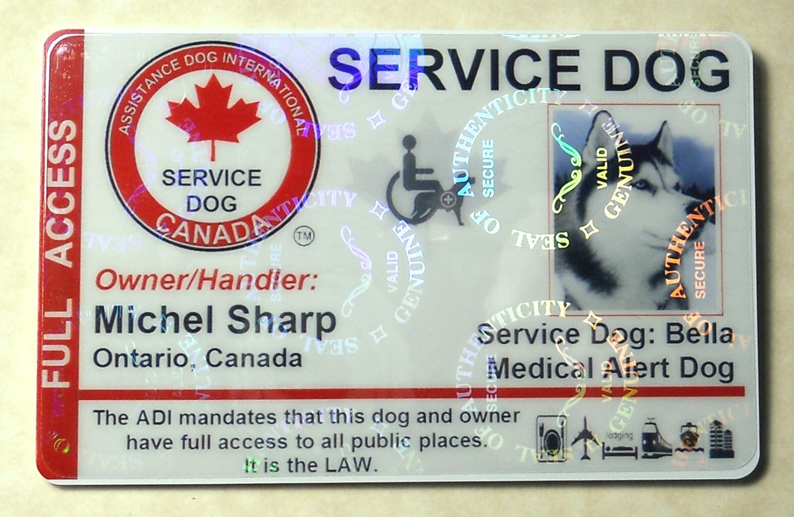 HOLOGRAPHIC CANADIAN SERVICE DOG ID CARD – ASSISTANCE DOG ID BADGE for Canada