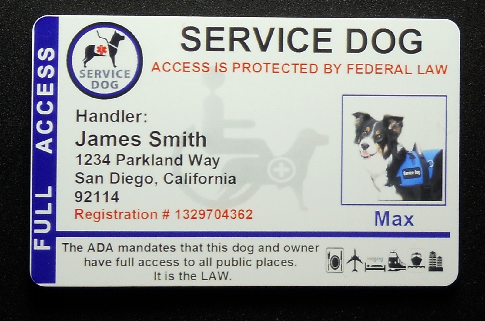 HOLOGRAPHIC SERVICE DOG ID CARD FOR SERVICE ANIMAL ADA RATED 8 BH