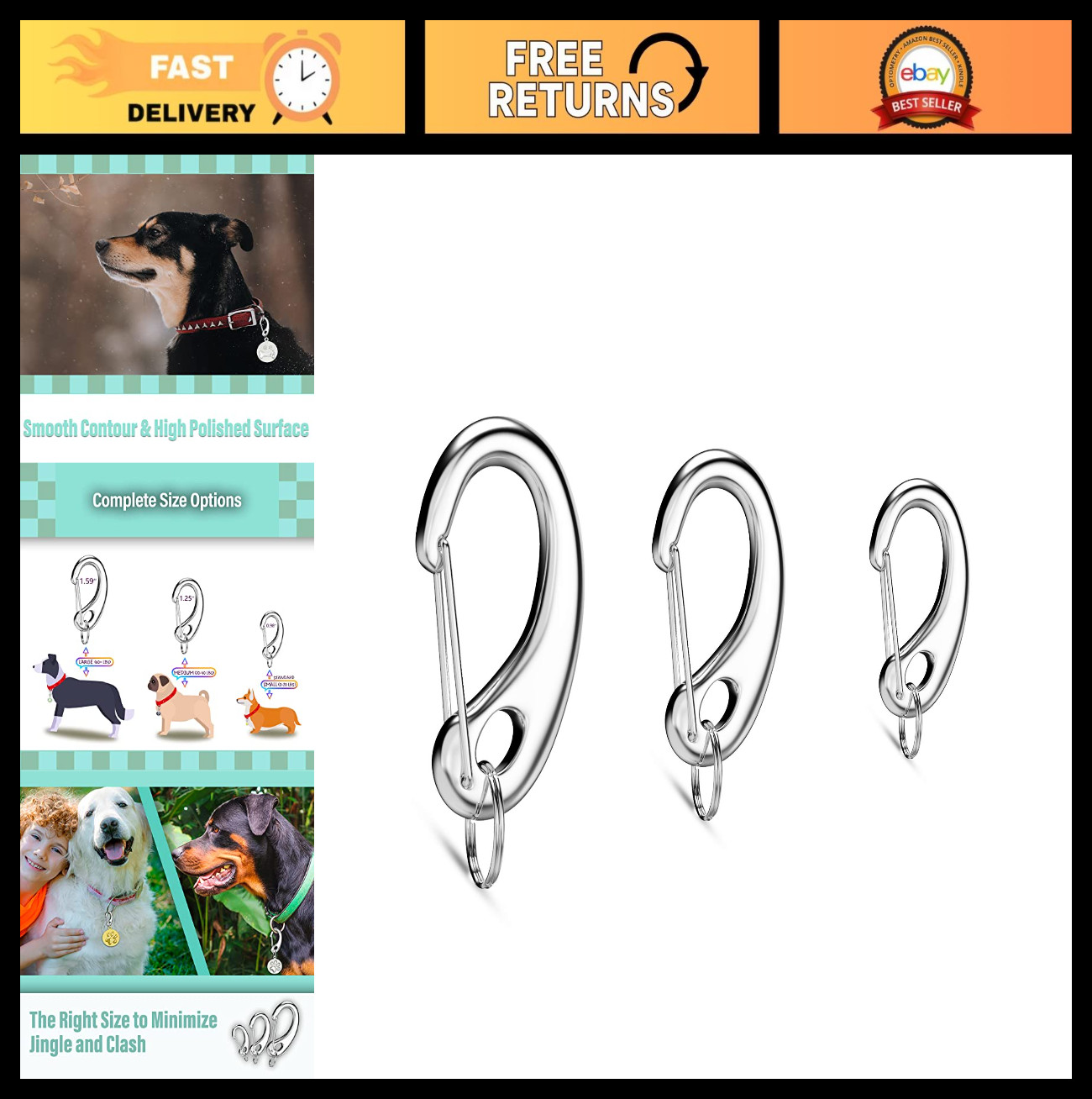 Pet ID Tag Quick Clip & Spring-Load Hook Combo – Fits Standard Medium Large Pets