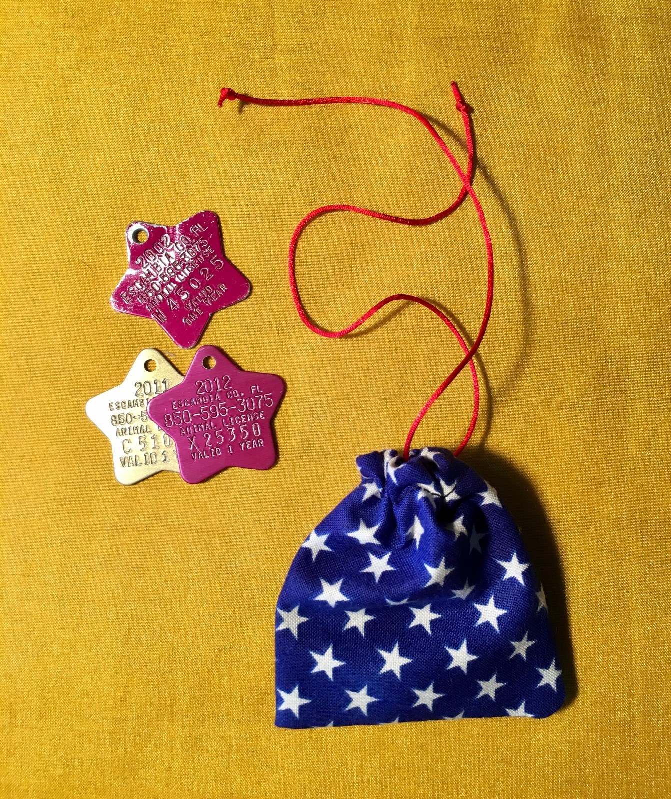 Handmade Dog Cat Flag Tag Bags, Blue with Stars, Patriotic, Covers Collar Tags