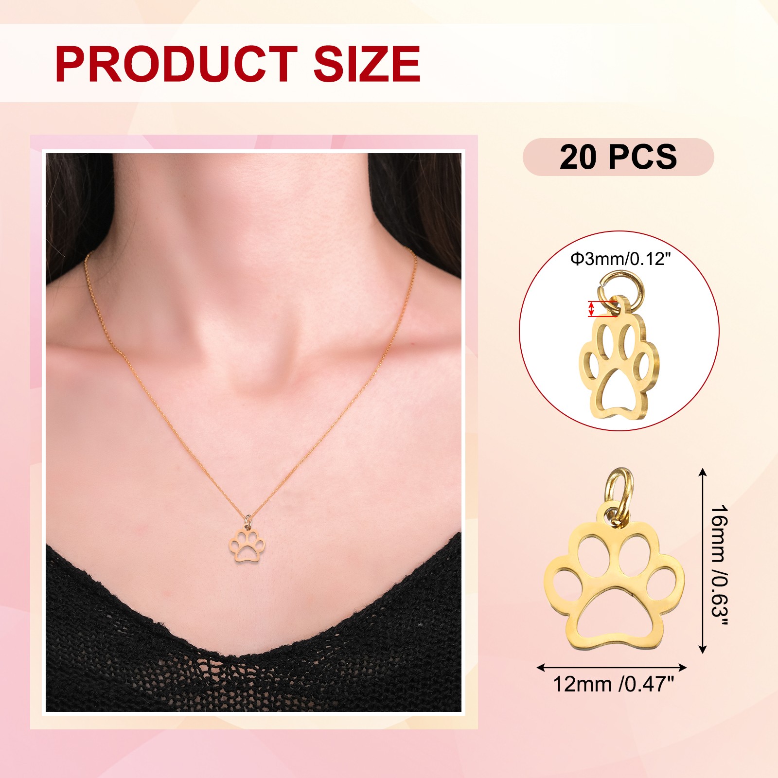 Dog Paw Print Charms 3mm, 20 Pcs Cat Dog Paw Pendant, Gold