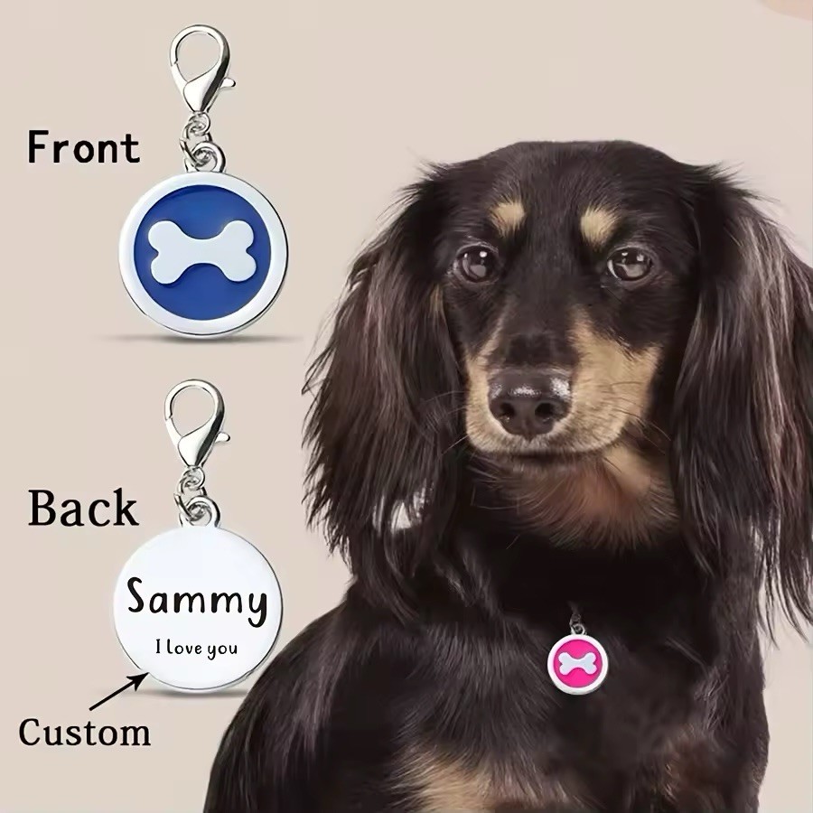 1pc Personalized Customized Dog Bones Silver Round Shaped Pet ID Tag