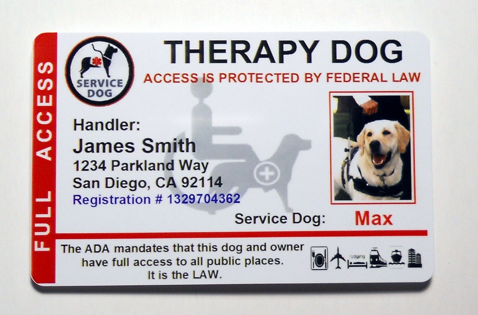 THERAPY SUPPORT DOG ID CARD SERVICE DOG ID BADGE ESA ADA RATED 8THERP8