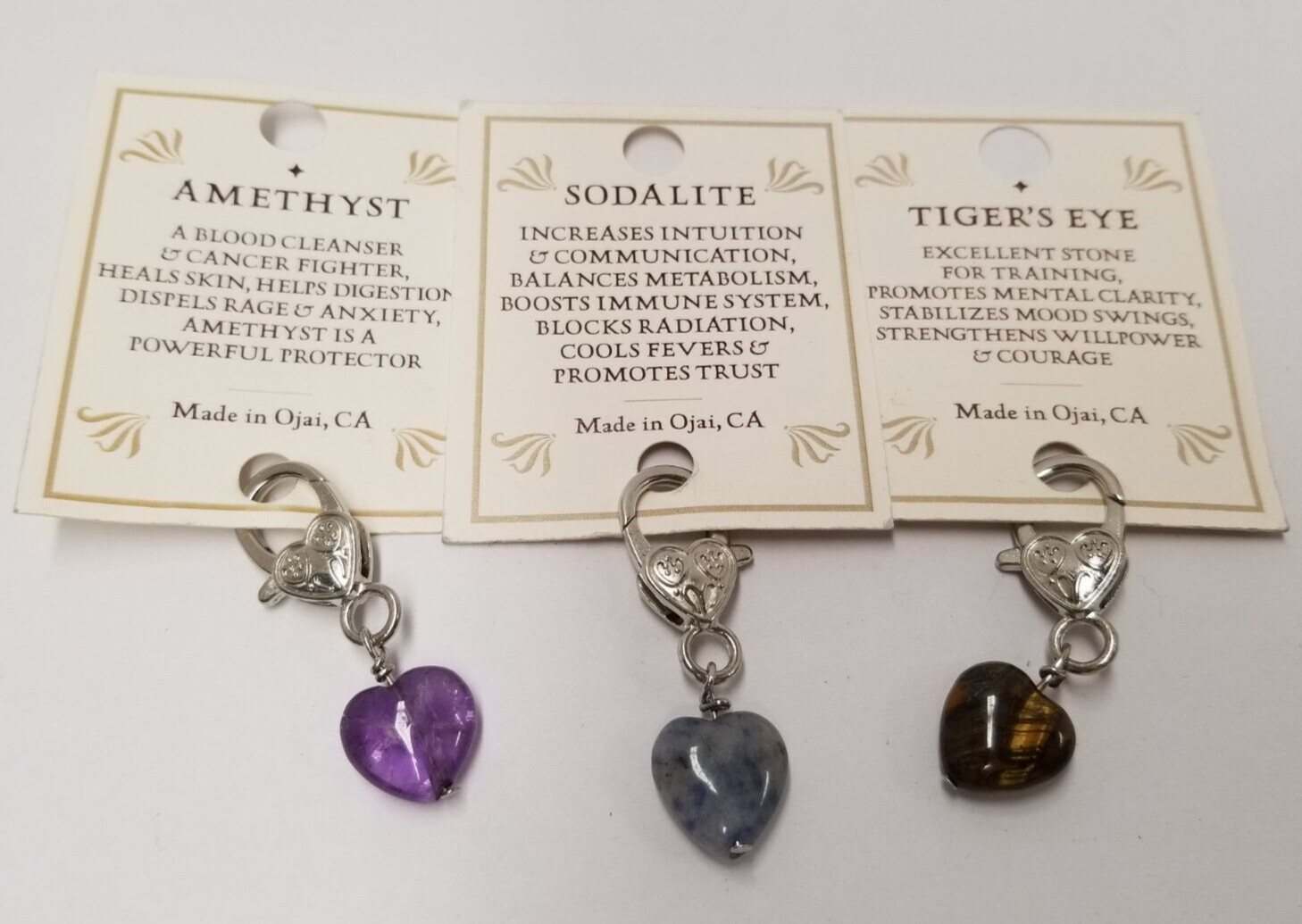 Amethyst, Sodalite, & Tiger’s Eye Crystal Heart Pet Collar Charms (3 Pack)